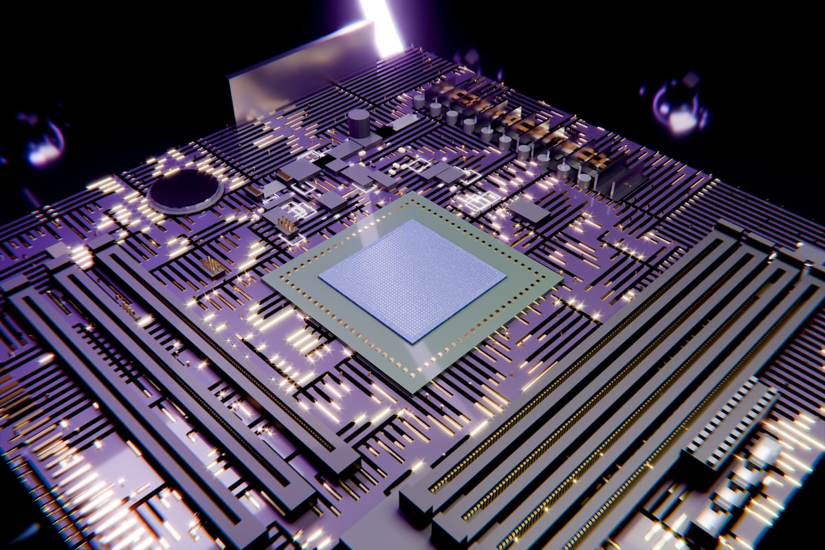 Deep blue and purple lit 3D-rendered semiconductor motherboard